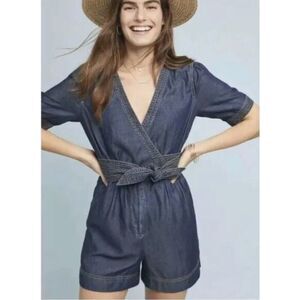 Anthropologie Pilcro and the Letterpress Size 2 Belted‎ Blue Denim Romper